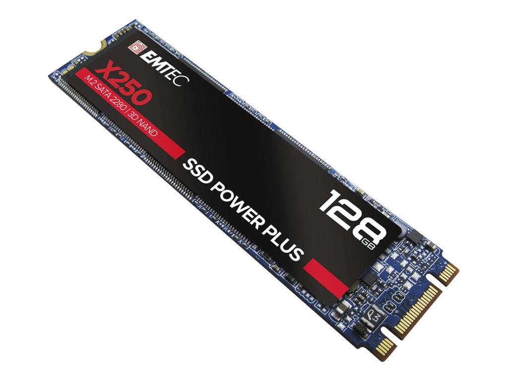 Ein M.2 NVMe SSD-Laufwerk mit der Bezeichnung „EMTEC X250 SSD POWER PLUS 128GB