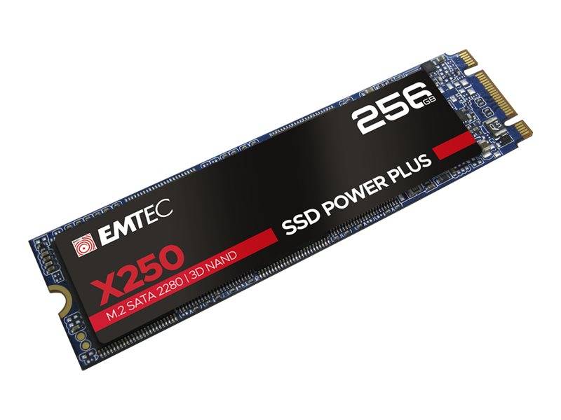 EMTEC X250 256GB M.2 SATA SSD Power Plus Laufwerk auf weißem Hintergrund dargestellt.