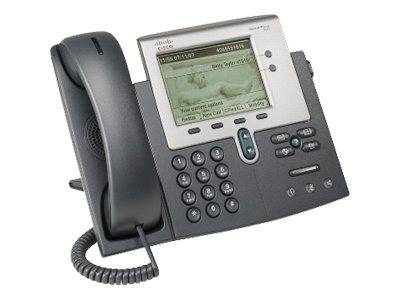 Cisco-Schreibtischtelefon mit Hörer, Tastenfeld und Anzeigebildschirm auf weißem Hintergrund.