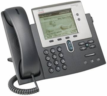 Cisco Bürotischtelefon mit Hörer, Tastenfeld, Lautsprechertasten und kleinem Anzeigebildschirm.