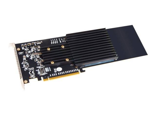 Schwarze PCIe-Erweiterungskarte mit großem Kühlkörper und freiliegendem Kantenverbinder, dargestellt vor weißem Hintergrund.