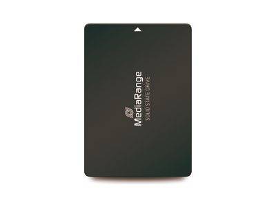 Schwarzes rechteckiges MediaRange-Solid-State-Drive mit einem kleinen Pfeilsymbol, dargestellt auf weißem Hintergrund.