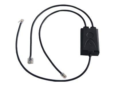 Schwarzes Telefonadapterkabel mit zwei RJ-artigen Steckverbindern und einer inline rechteckigen Splitterbox auf weißem Hintergrund