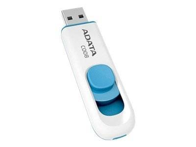 Ein weißer und blauer USB-Stick der Marke ADATA C008 mit ausziehbarem Steckverbinder-Design.