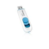Ein weißer und blauer USB-Stick mit einer Schiebkappe, gezeigt auf einfachem weißem Hintergrund.