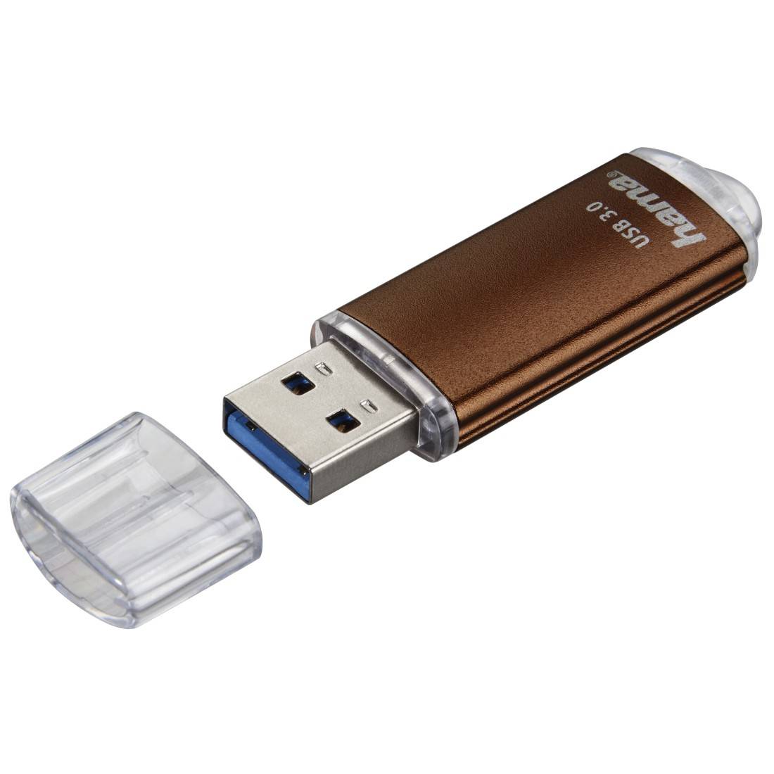 Ein brauner USB-3.0-Speicherstick mit entfernter durchsichtiger Kappe, dargestellt auf weißem Hintergrund.