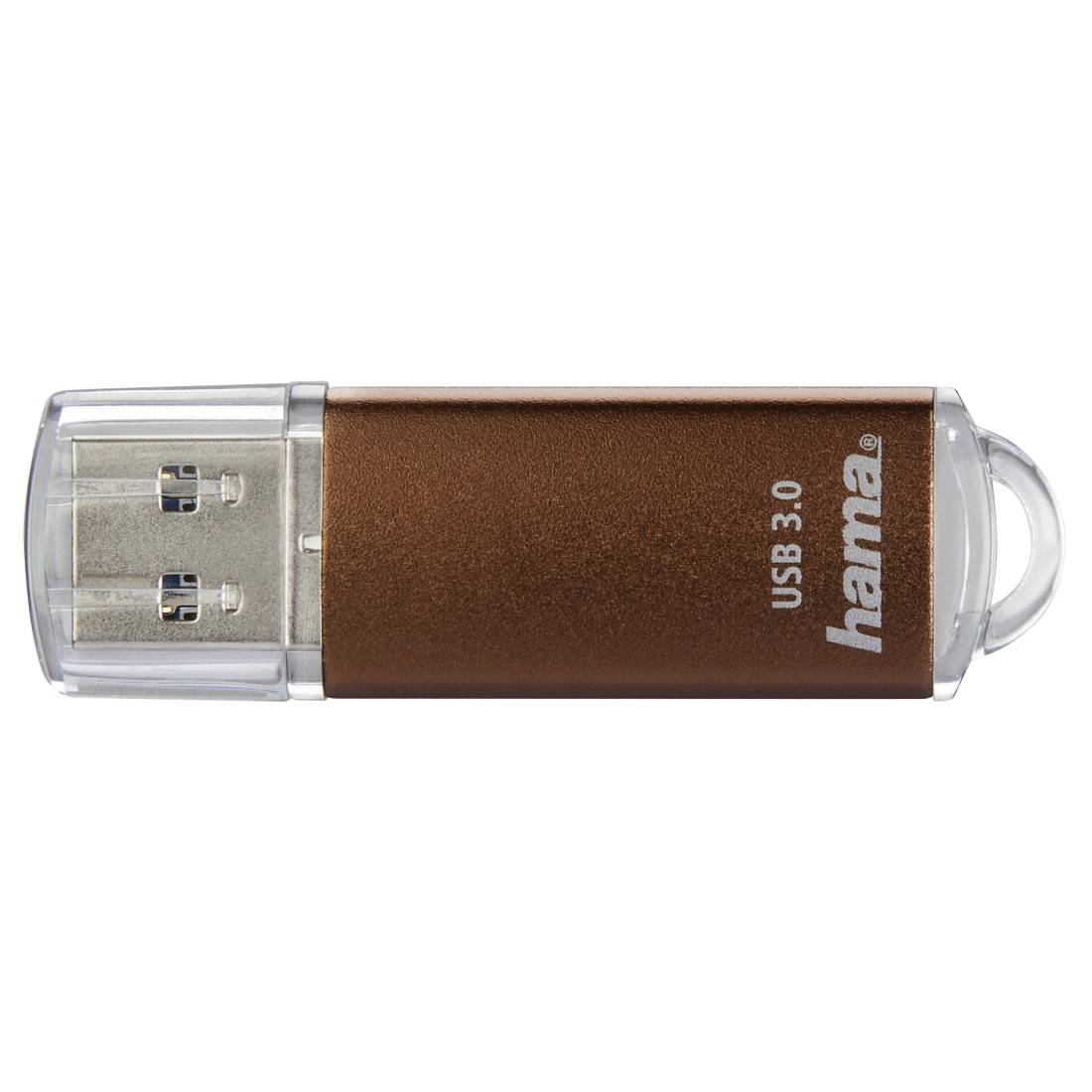 Braune und transparente Hama USB 3.0 Speicherstick mit durchsichtiger Kappe, gezeigt auf weißem Hintergrund.