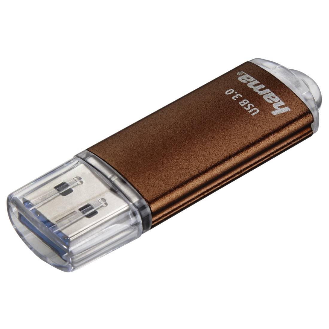 Ein bronzefarbenes Hama USB 3.0-Speicherlaufwerk mit transparenter Kappe, dargestellt auf weißem Hintergrund.