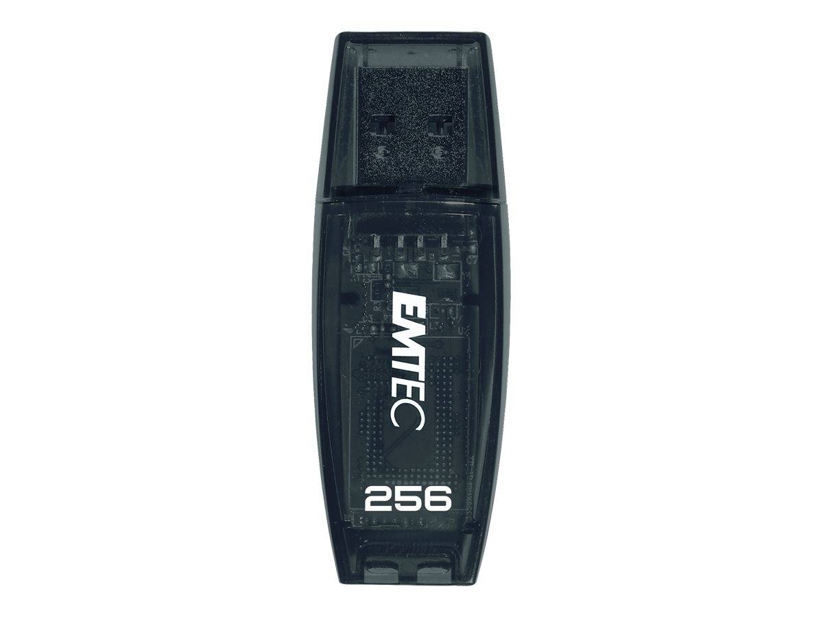 Schwarzer EMTEC 256 GB USB-Stick vertikal auf weißem Hintergrund dargestellt.