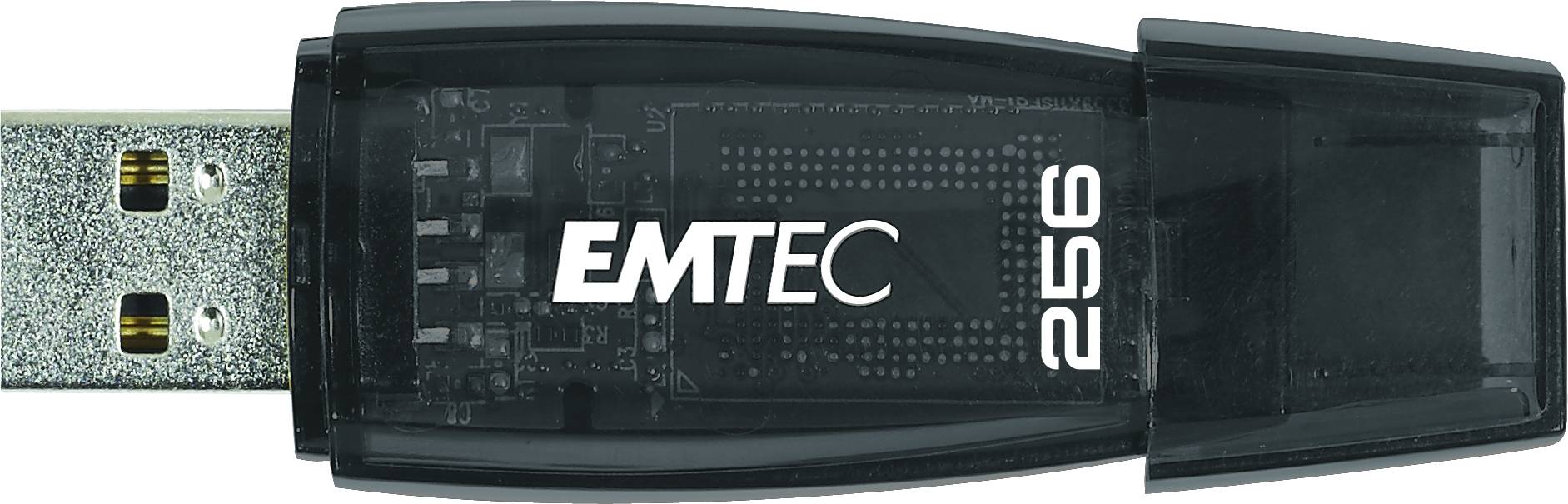 USB-Stick mit der Bezeichnung "EMTEC 256"" mit schwarzem, halbtransparentem Gehäuse und sichtbarem Metallstecker auf der linken Seite.