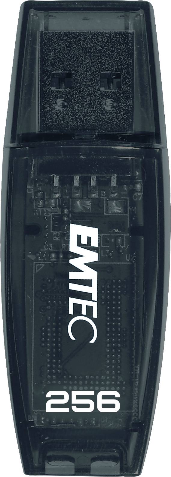 Ein schwarzes EMTEC USB-Speicherlaufwerk mit 256 GB Kapazität, vertikal angeordnet dargestellt, mit dem Logo und der Speicherkapazität auf der Vorderseite gedruckt.