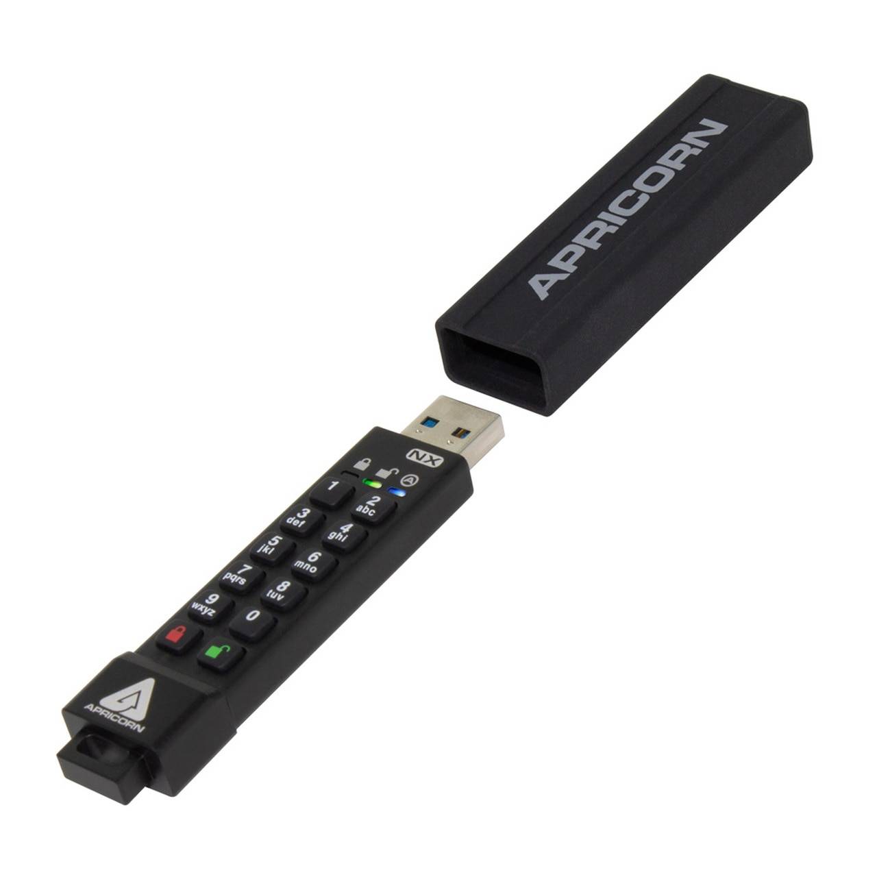 Schwarze APPACORN USB-Ziffernfeld-Fernbedienung mit Zahlentasten und Schutzkappe, dargestellt auf weißem Hintergrund.