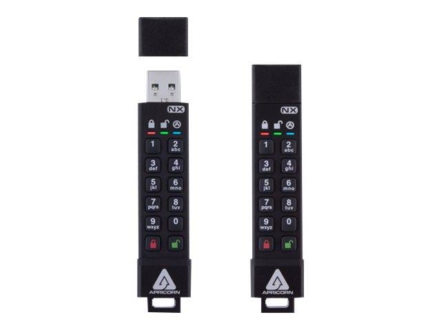 Zwei schwarze Apricorn NX USB-Speichersticks, einer mit entfernter Kappe, die den Anschluss zeigt, nebeneinander auf weißem Hintergrund angezeigt.