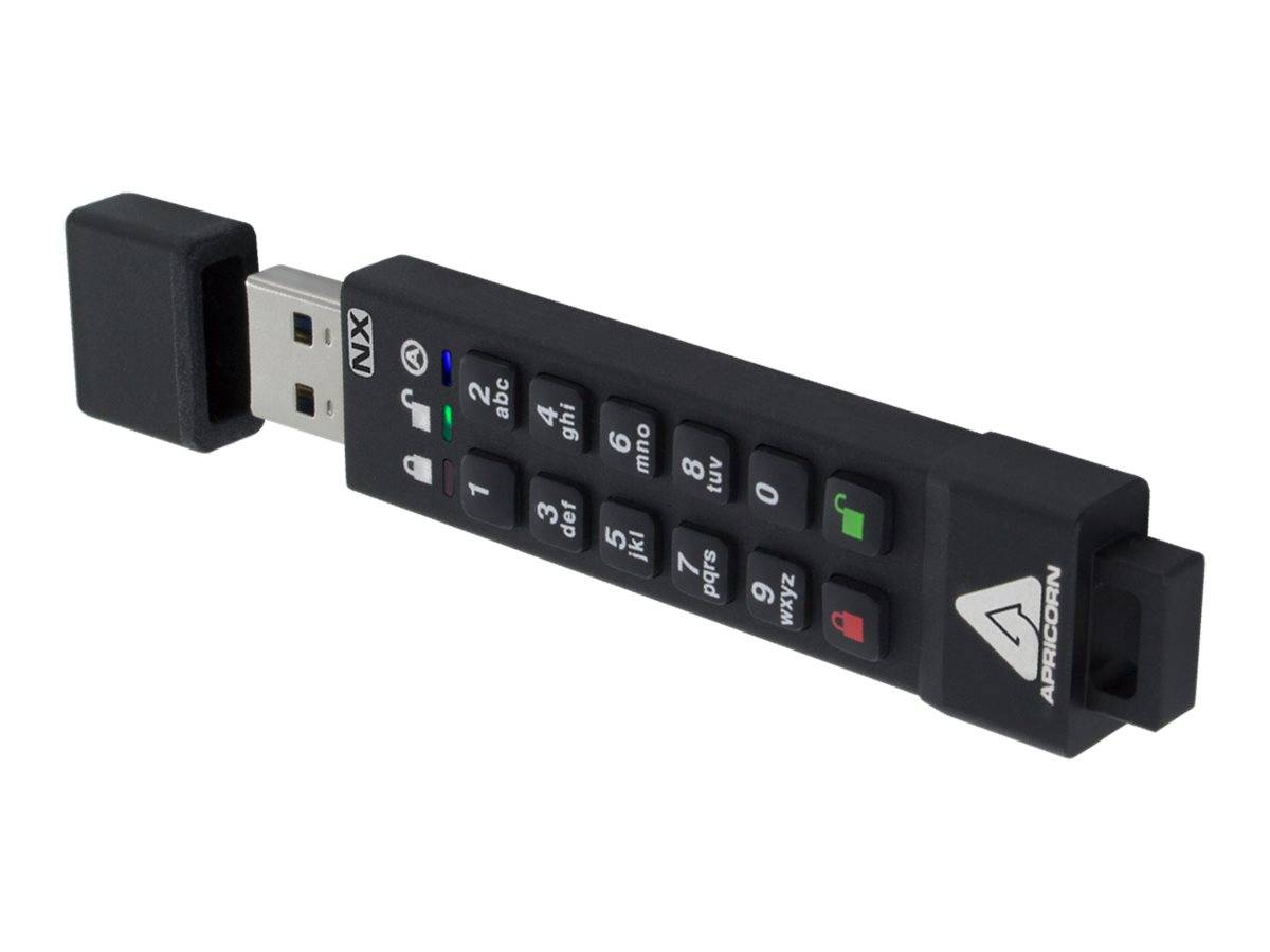 USB-Stick, der als Zahlenpad-Schloss mit Nummernknöpfen und „APRICON