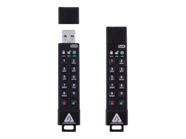 Zwei schwarze USB-Sicherheits-Token-Geräte nebeneinander dargestellt, eines mit einer abnehmbaren Kappe, die den USB-Anschluss freilegt, jeweils mit einer Tastatur und Indikatorsymbolen.
