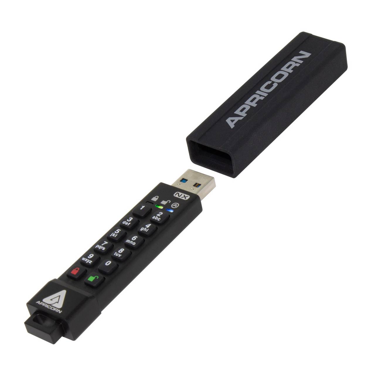 Schwarzer APCORN USB-Dongle mit nummernblock-artigen Tasten und abnehmbarer Kappe, auf weißem Hintergrund dargestellt.