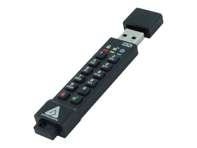 Schwarzes USB-Speicherlaufwerk getarnt als fernbedienungsartiges Tastenfeld mit Nummernschaltflächen und schiebarem USB-Anschluss.