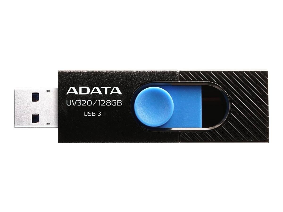 ADATA UV320 128GB USB 3.1 Speicherstick mit schwarzem Gehäuse, blauer Schiebekappe und verlängertem USB-Anschluss