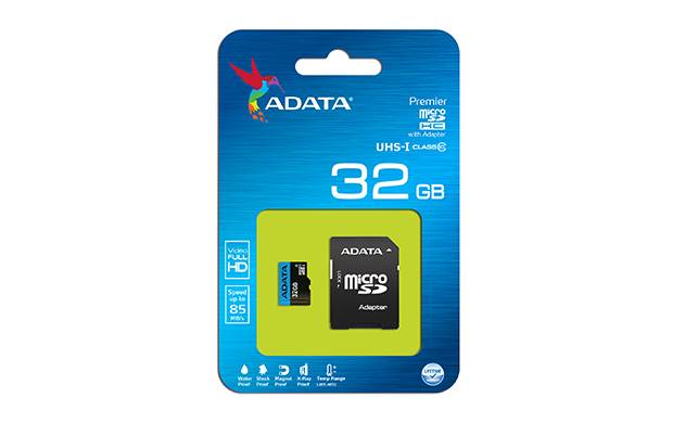 ADATA Premier microSD-Kartenpakete, 32 GB, mit Adapter und UHS-I-Klasse-10-Branding auf einer blauen Einzelhandelskarte.