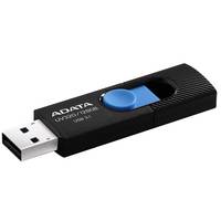 Schwarzes ADATA USB-Speicherlaufwerk mit blauem Schiebeanschluss, abgebildet auf weißem Hintergrund.
