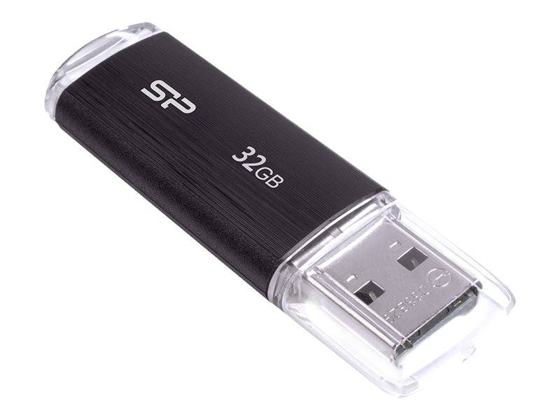 Schwarzes 32-GB-USB-Stick mit durchsichtigen Schutzdeckeln an beiden Enden, auf weißem Hintergrund dargestellt.