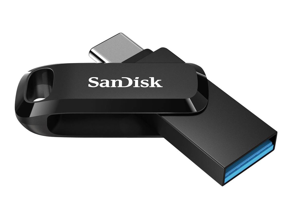 SanDisk USB-Speicherstick mit USB-A- und USB-C-Anschlüssen, dargestellt in Schwarz auf weißem Hintergrund.