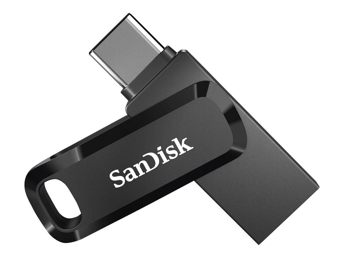 SanDisk USB-Speicherstick mit USB-C-Anschluss, gezeigt in Schwarz und Silber auf weißem Hintergrund.