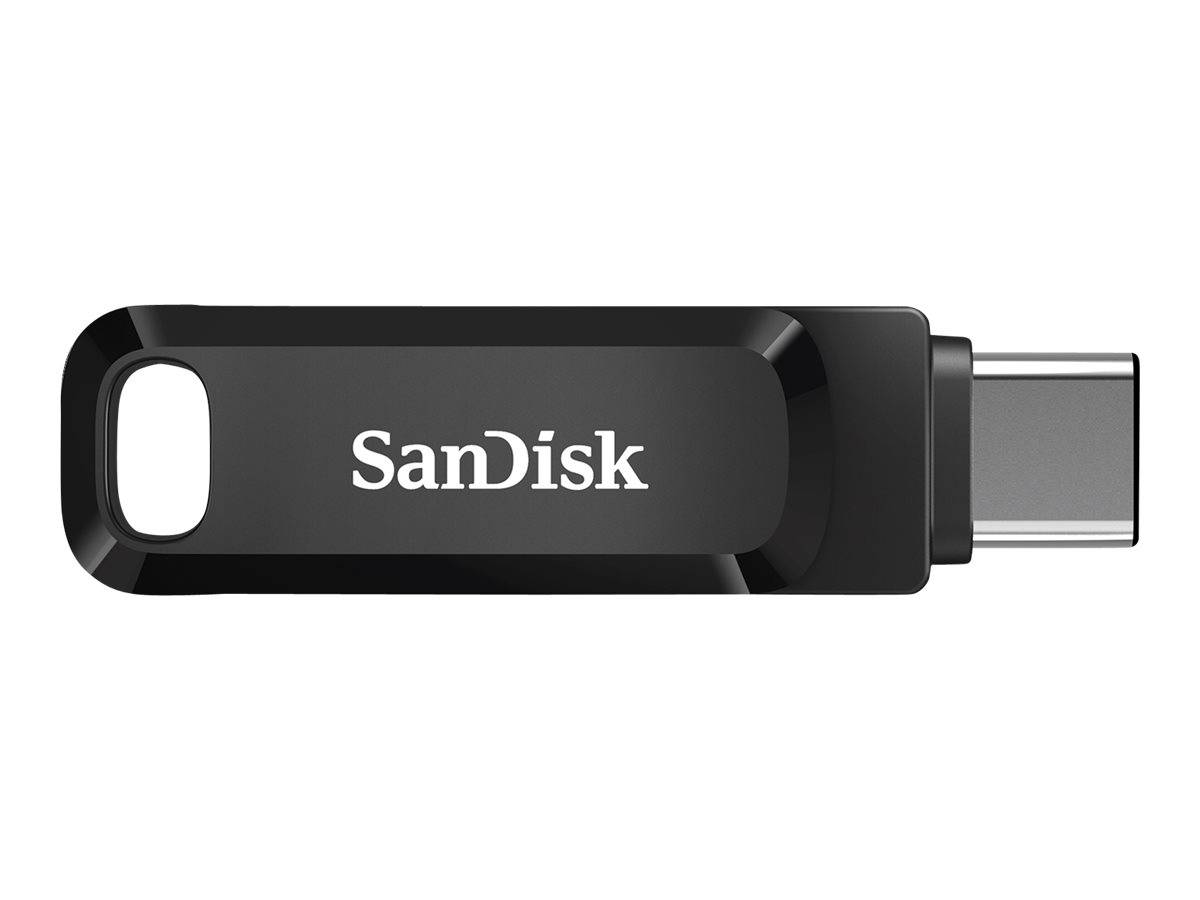 Schwarzes SanDisk USB-C-Speicherlaufwerk mit einem silbernen Stecker auf weißem Hintergrund.