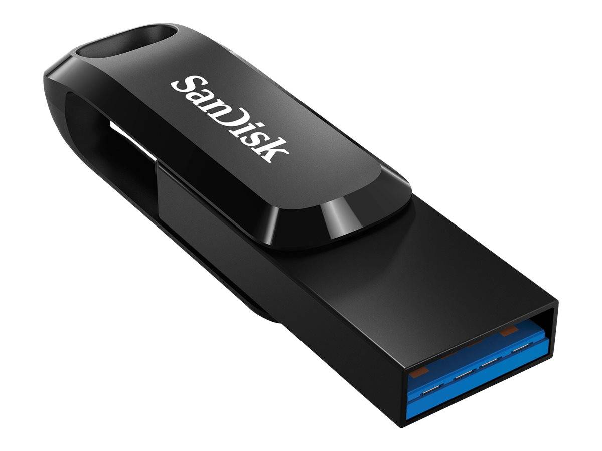 Schwarzes SanDisk USB-Speicherlaufwerk mit blauem USB-3.0-Anschluss, dargestellt auf weißem Hintergrund.
