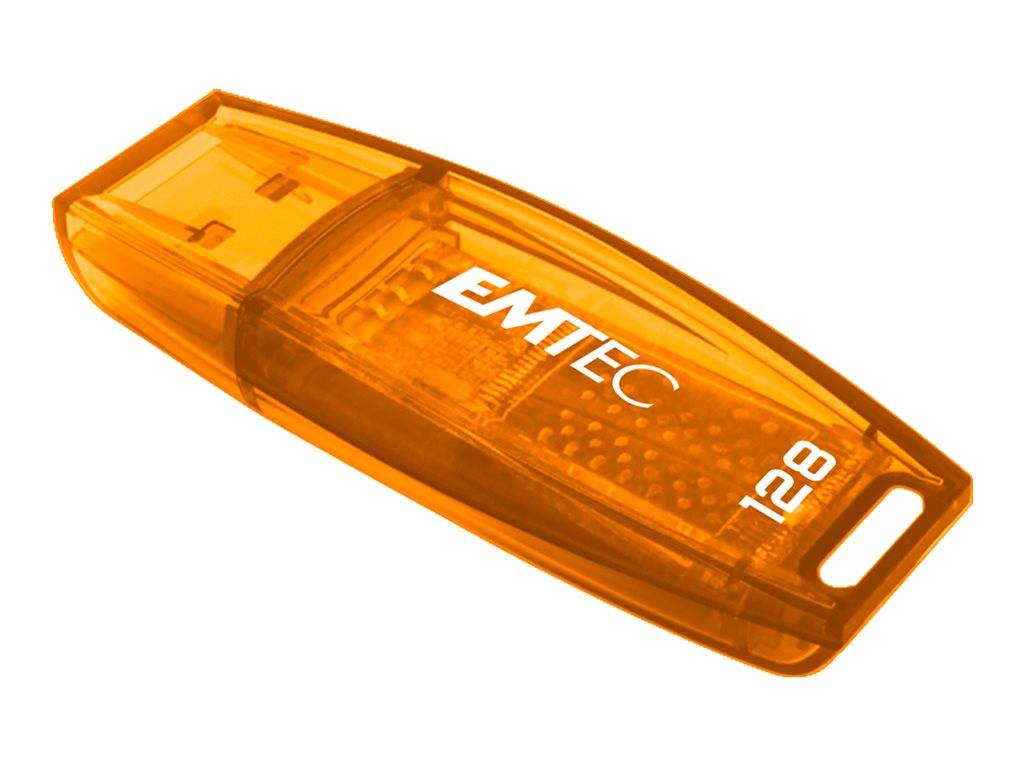 EMTEC USB-Stick 128 GB Orange auf weißem Hintergrund.