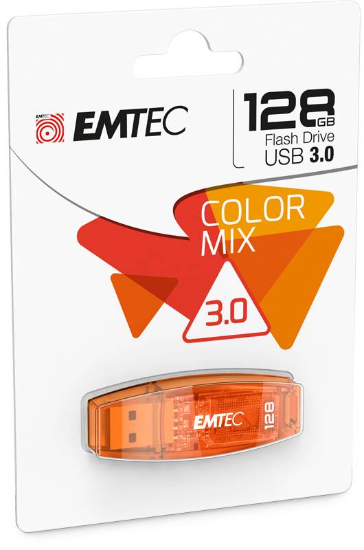 EMTEC 128GB USB 3.0 Farbmix-Speicherstick in orangefarbener Verpackung, das Produktbild und die Speicherkapazität auf der Vorderseite zeigend.