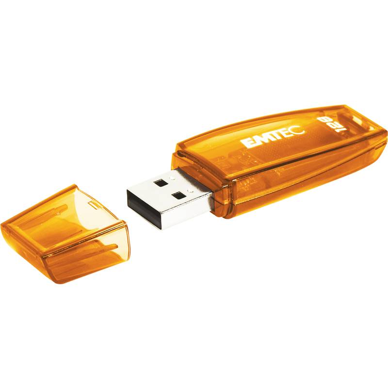 Orangefarbiger transparenter USB-Stick mit entfernter Kappe, der den Metallstecker und die Markenbezeichnung „EMTEC" auf weißem Hintergrund zeigt