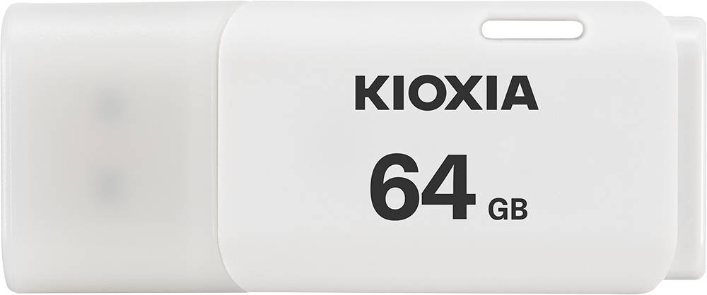 Weißes KIOXIA 64 GB USB-Speicherlaufwerk mit Schiebehülle und Schlüsselanhänger-Schlitz.