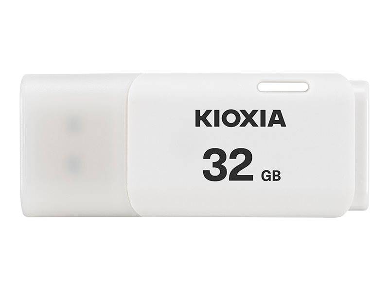 Weiß KIOXIA 32 GB USB-Speicherstick auf einfachem Hintergrund.