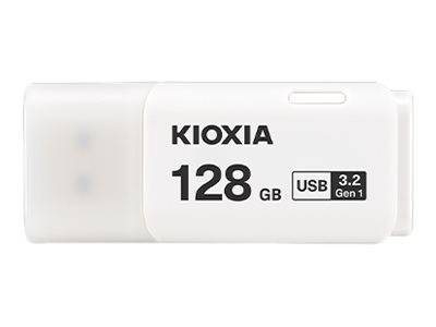 Weiße KIOXIA 128 GB USB 3.2 Gen 1 Speicherkarte auf einem einfachen Hintergrund gezeigt.