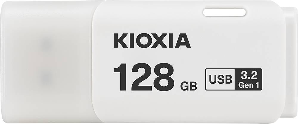Weiße KIOXIA 128-GB-USB-3.2-Gen-1-Speicherstick, von vorne gezeigt, mit aufgesetzter Kappe.