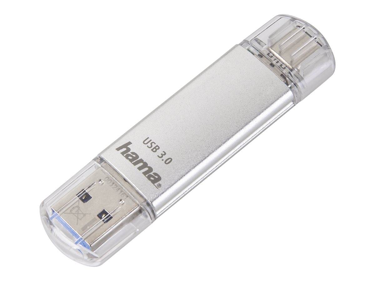 Silberner USB-3.0-Speicherstift mit transparenten Kunststoffkappen an beiden Enden, mit der Bezeichnung „hama