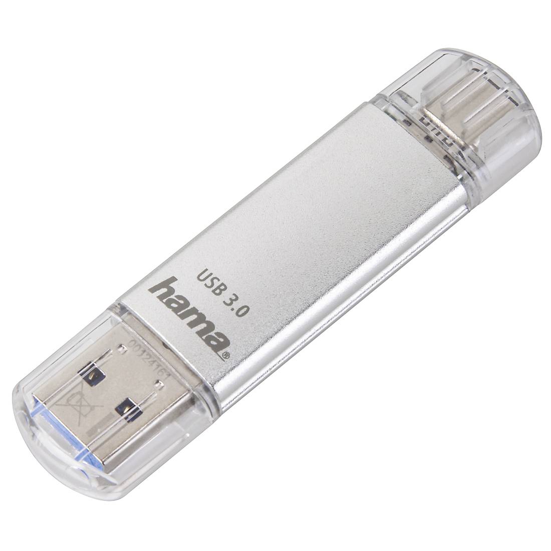 Silberner USB-3.0-Speicherstick mit transparenten Schutzabdeckungen, mit der Marke „hama