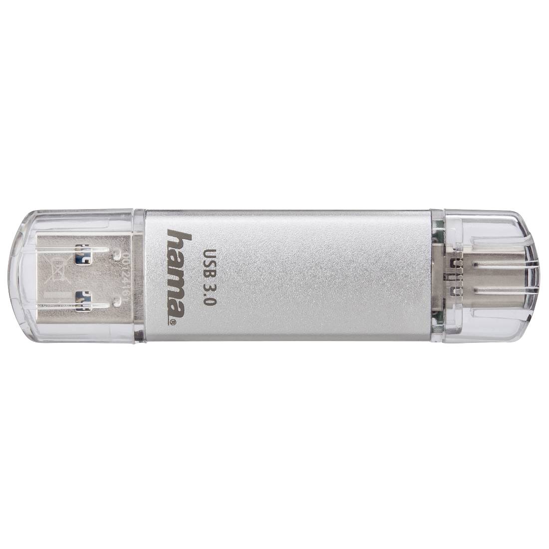 Silberner Hama USB 3.0 Speicherstick mit transparenten Schutzenkeln an beiden Enden.