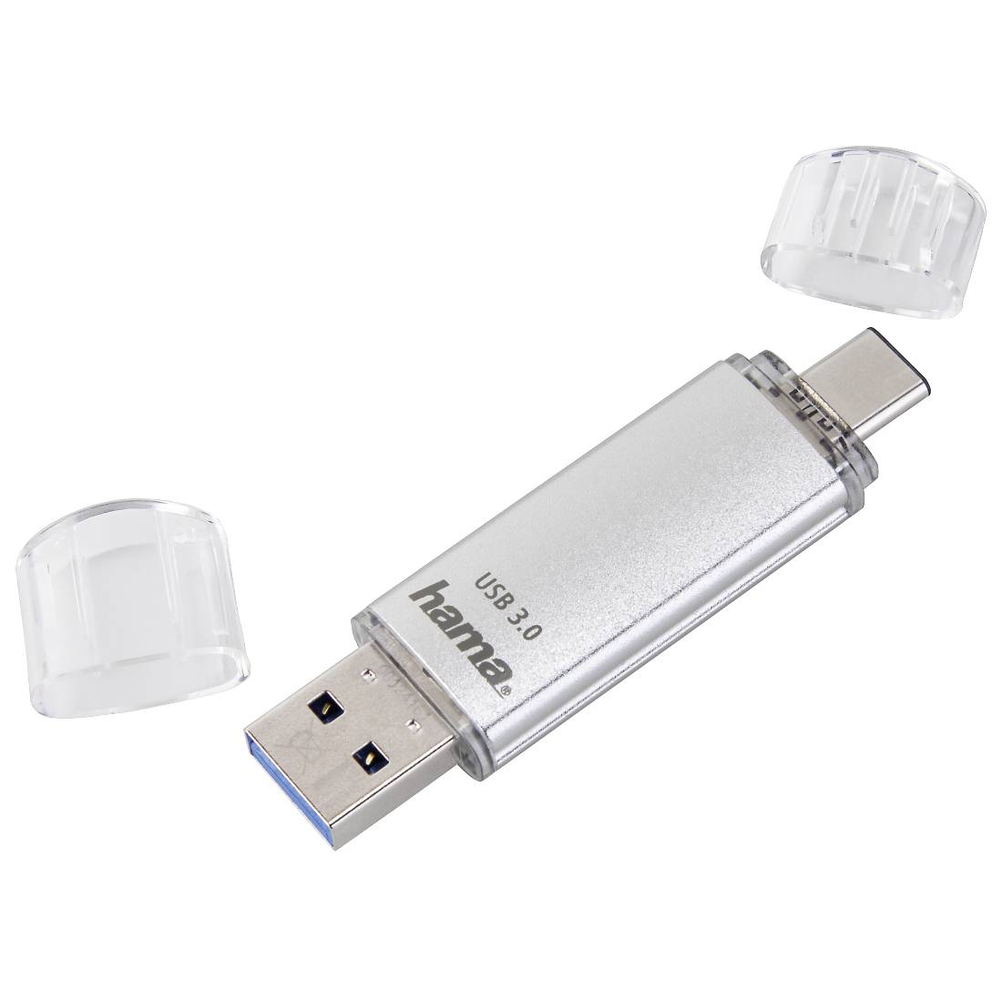 Silbernes USB-3.0-Speicherstick mit USB-A- und USB-C-Anschlüssen, abgebildet mit zwei durchsichtigen Schutzkappen auf weißem Hintergrund.