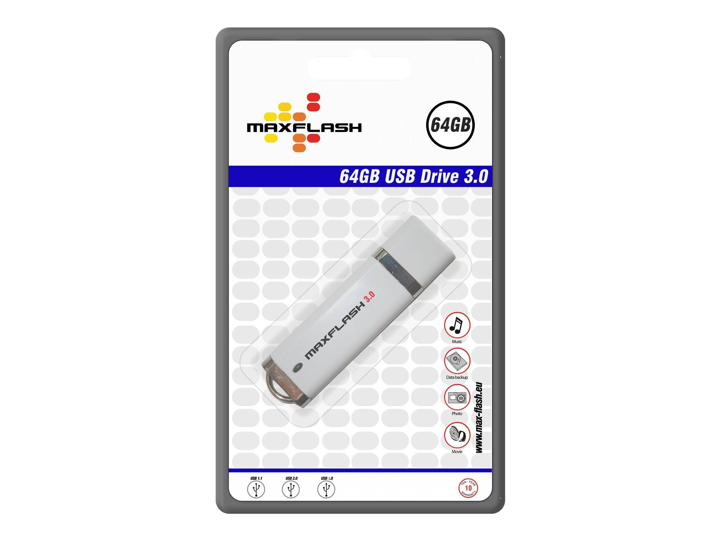 Paket für ein MaxFlash 64GB USB-Laufwerk 3.0, das ein silbernes Flash-Laufwerk und Branding zur Speicherkapazität zeigt.