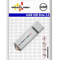 Paket für MaxFlash 64GB USB-Stick 3.0, zeigt einen silbernen USB-Flash-Laufwerk und Produktbranding.