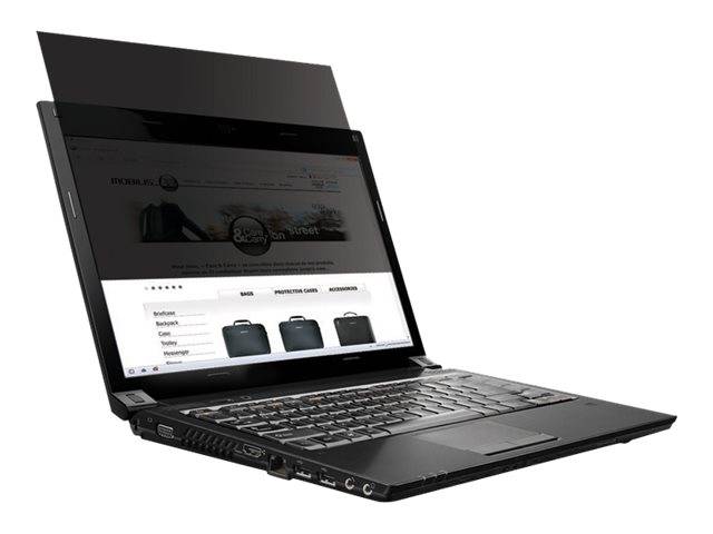 Schwarzer Laptop mit angebrachtem Datenschutzbildschirmfilter, geöffnet im Winkel auf weißem Hintergrund dargestellt.
