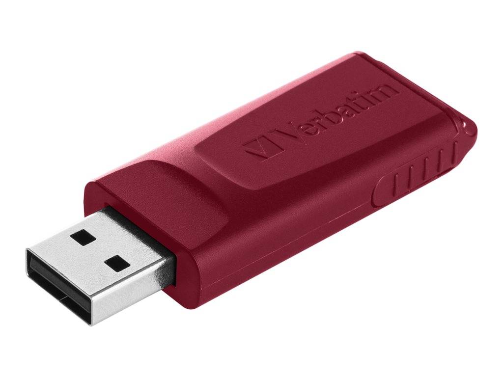 Roter Verbatim USB-Speicherstick mit teilweise ausgefahrenem Anschluss.