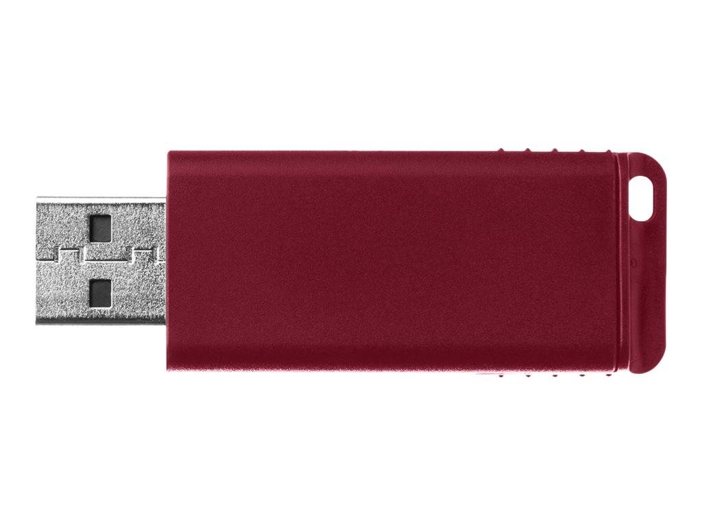 Roter USB-Stick mit silbernem Anschluss auf weißem Hintergrund.