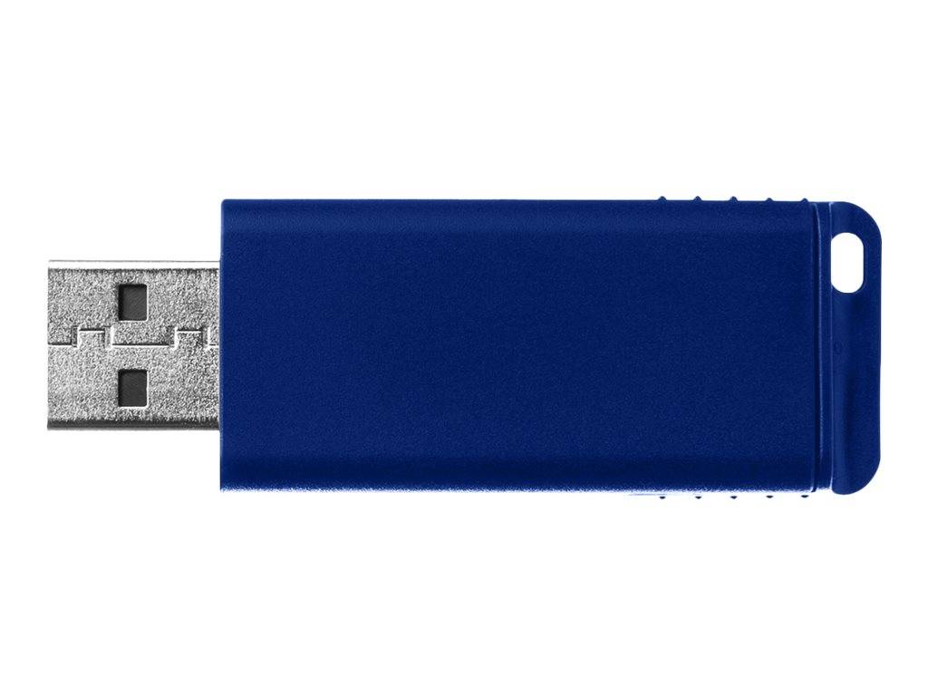 Bluer USB-Stick mit kapsellosem Design, in der Seitenansicht auf weißem Hintergrund dargestellt.