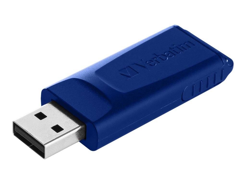 Blauer USB-Speicherstick mit silbernem Anschluss auf weißem Hintergrund, Marke 'Verbatim'.
