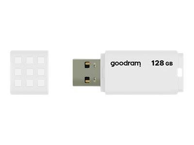 Weißes Goodram USB-Speicherstick mit 128 GB, dargestellt mit entfernter Kappe, die daneben auf neutralem Hintergrund platziert ist.