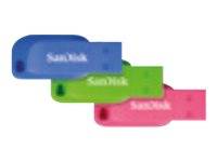 Drei übereinander gestapelte SanDisk USB-Speichersticks in Blau, Grün und Rosa auf weißem Hintergrund.