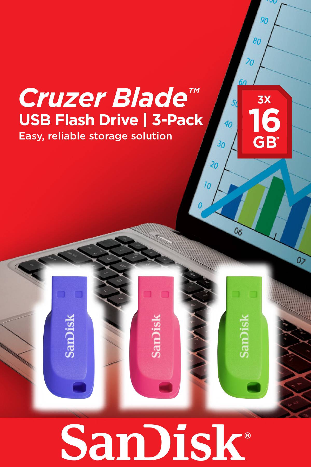 SanDisk Cruzer Blade USB-Speicherstick 3er-Pack in Violett, Rosa und Grün, gekennzeichnet mit 3X 16 GB, mit Laptop-Hintergrund und Text „Einfache, zuverlässige Speicherlösung
